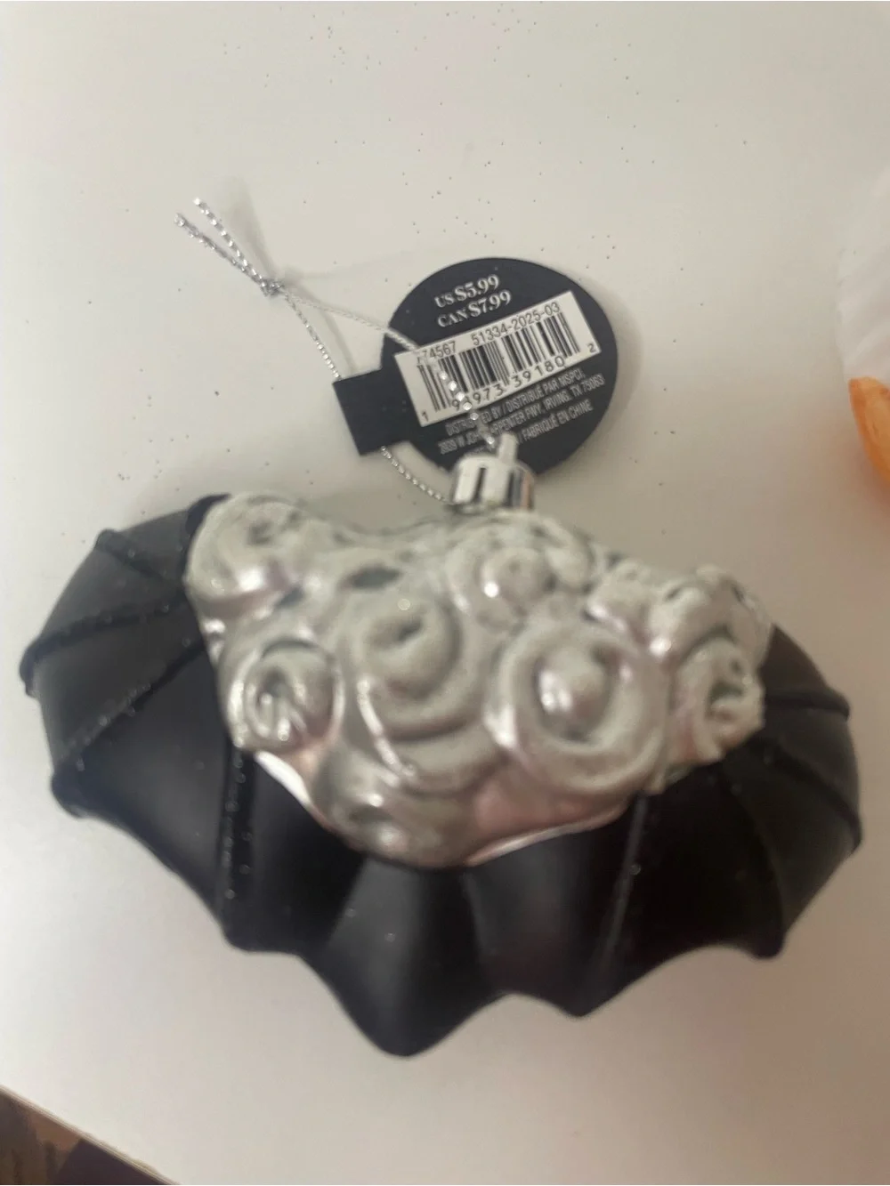 Halloween Bat, Dog and Ghost Ornaments - Black, White, Orange, Silver, Set of 4